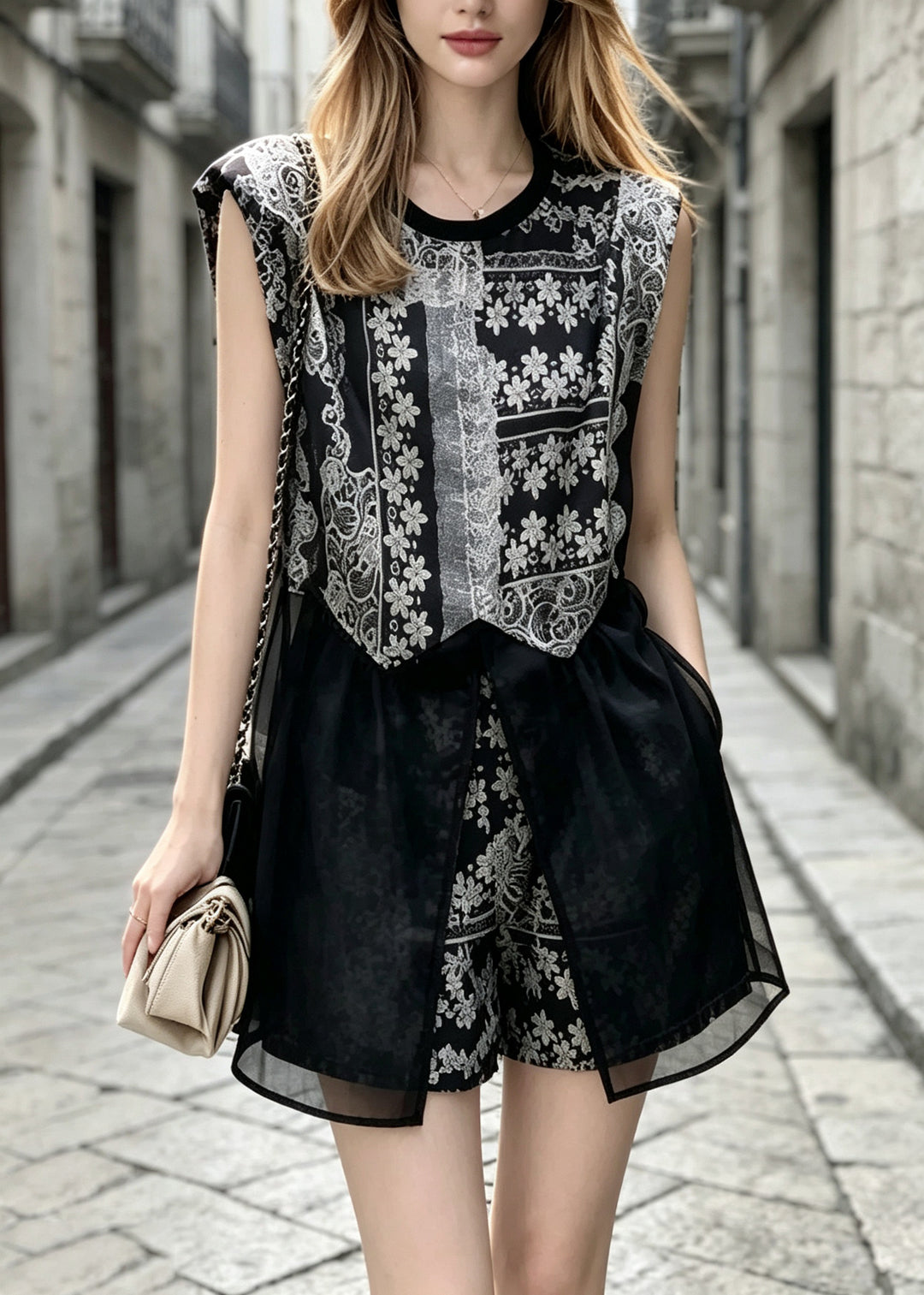 Fashion Black O Neck Print Tulle Two Piece Set Outfits Sleeveless
