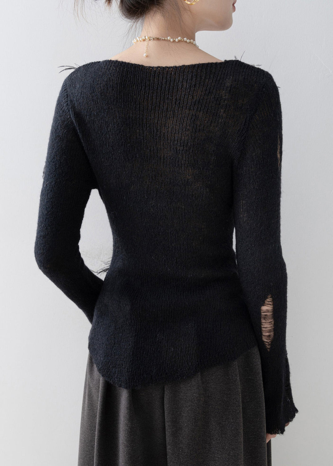 Fashion Black O Neck Tassel Floral Knit Top Spring