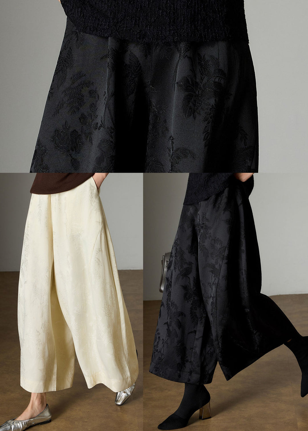 Fashion Black Oversized Jacquard Silk Harem Pants Fall