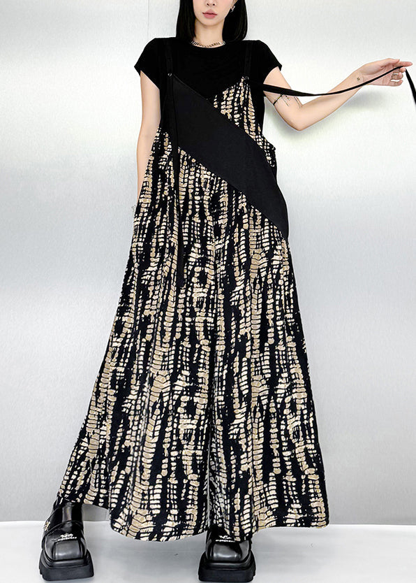 Fashion Black Oversized Patchwork Print Cotton Jumpsuits Summer