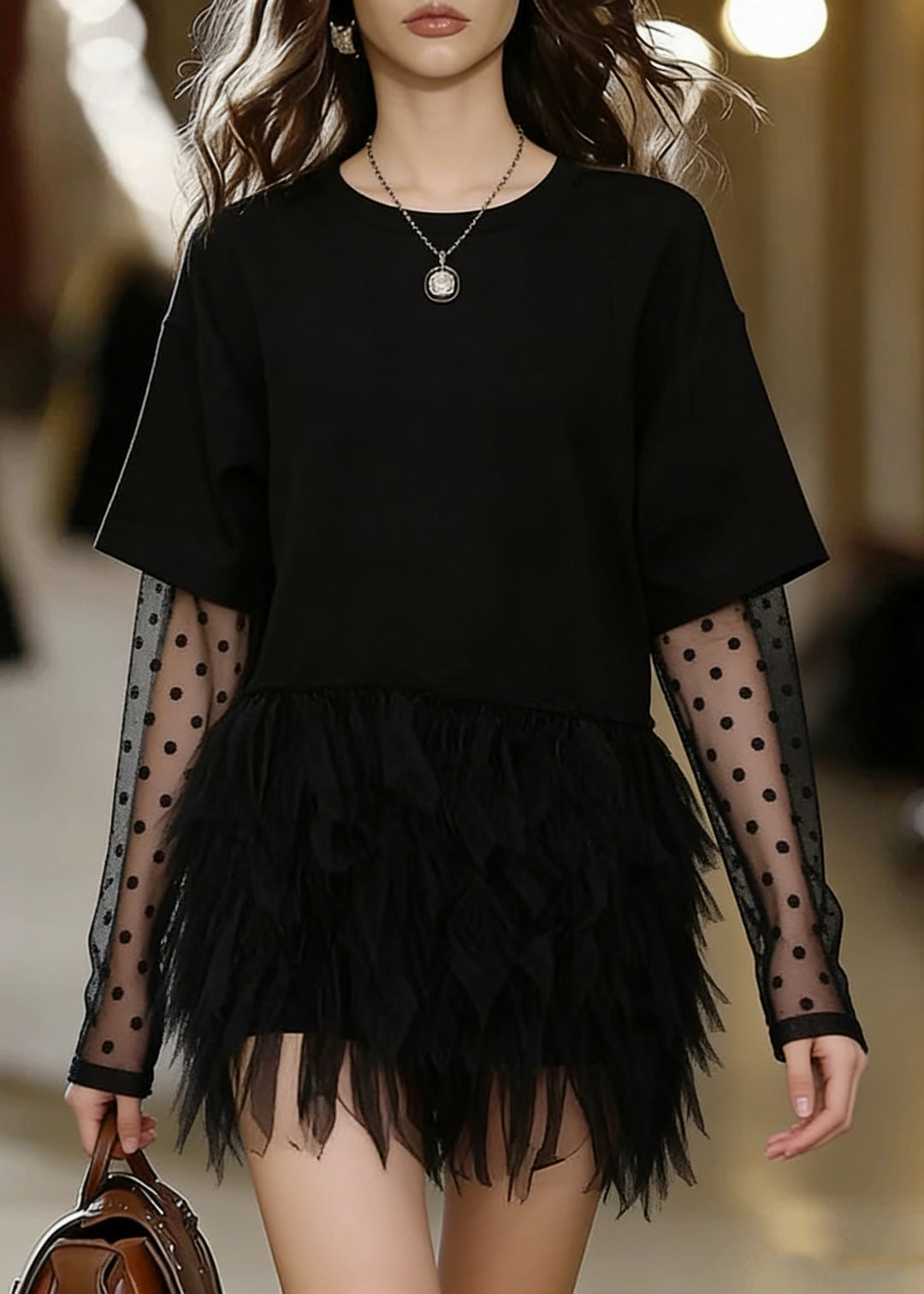 Fashion Black Oversized Patchwork Tulle Mini Dress Summer