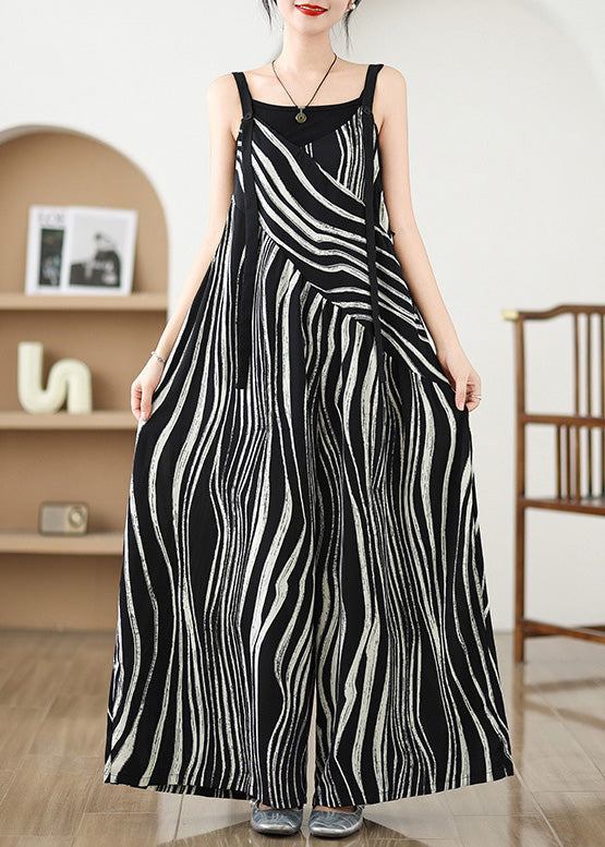 Fashion Black Oversized Striped Wide Leg Pants Jumpsuit Summer