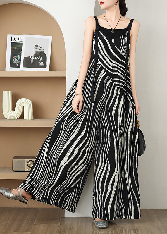 Fashion Black Oversized Striped Wide Leg Pants Jumpsuit Summer