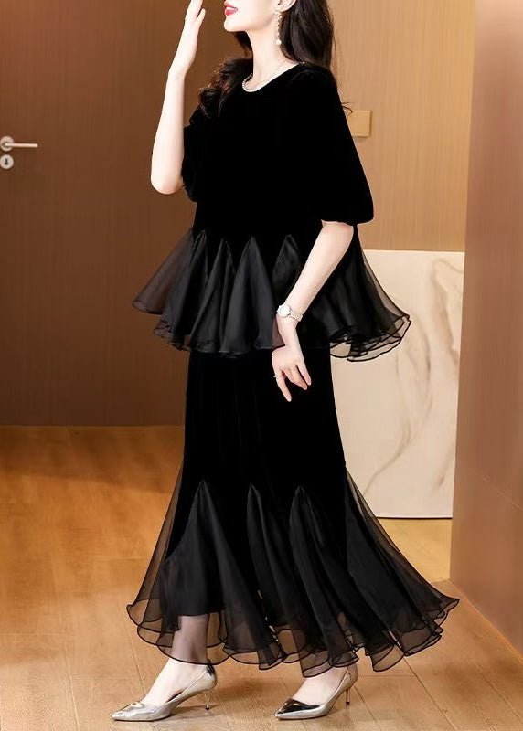 Fashion Black Pearl Tulle Patchwork Silk Velvet Two Pieces Set Summer