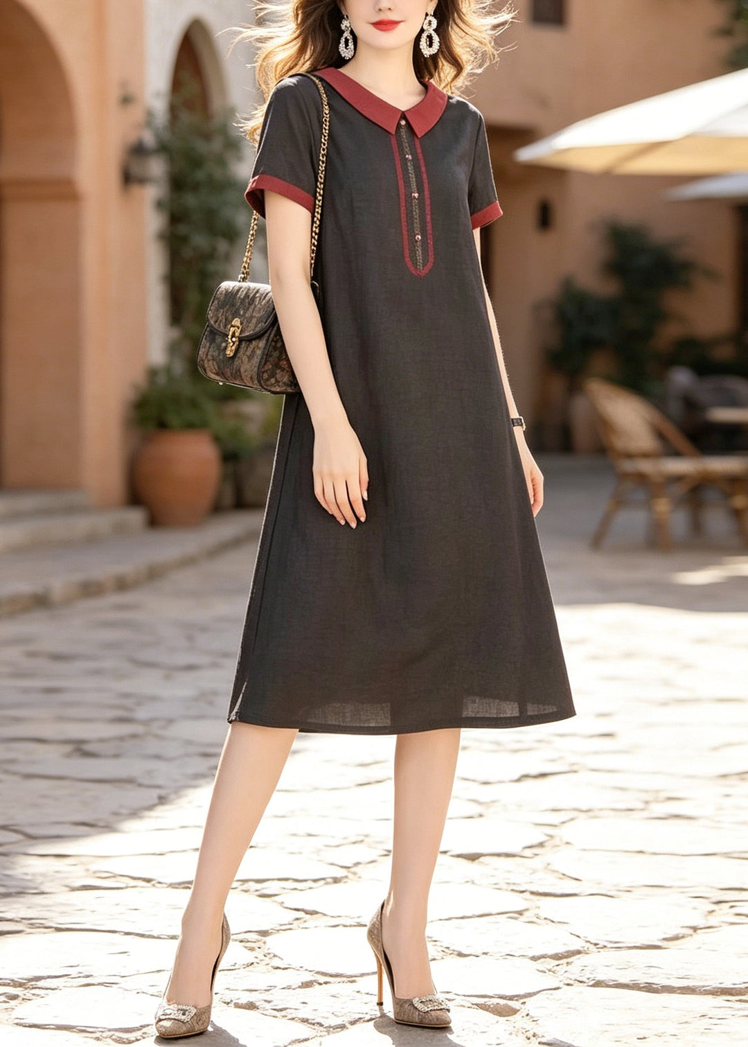 Fashion Black Peter Pan Collar Pockets Silk Dress Summer