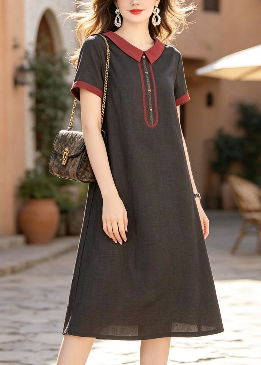 Fashion Black Peter Pan Collar Pockets Silk Dress Summer