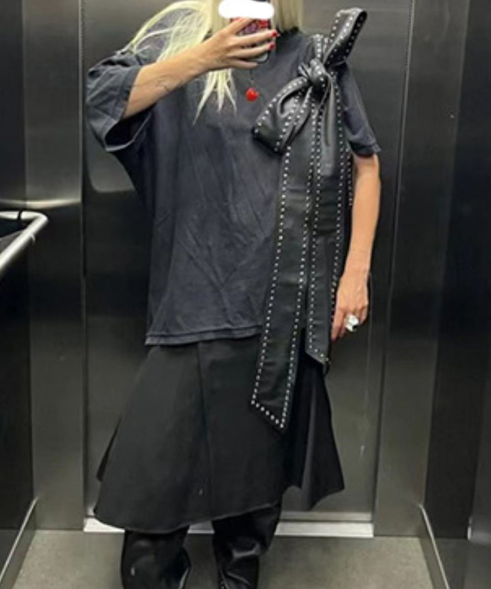 Fashion Black Rivet Bow Faux Leather Hobo Bag