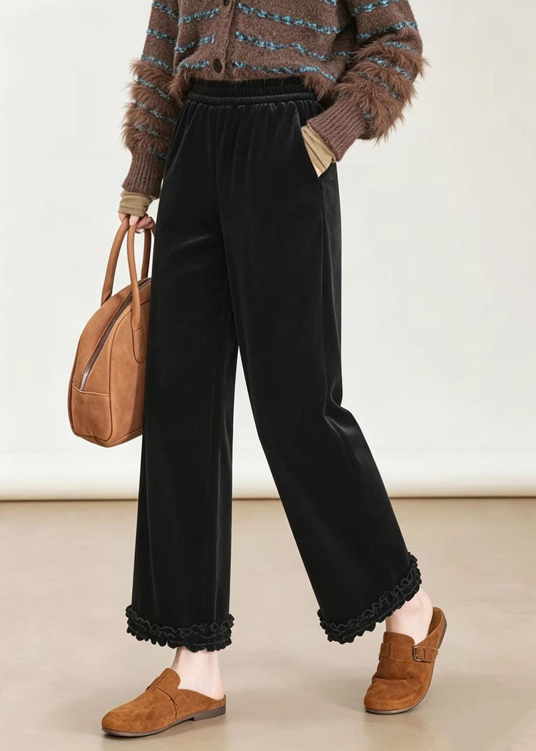 Fashion Black Ruffled Elastic Waist Velour Wide Leg Crop Pants Fall