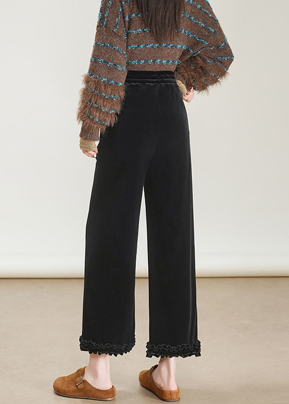 Fashion Black Ruffled Elastic Waist Velour Wide Leg Crop Pants Fall