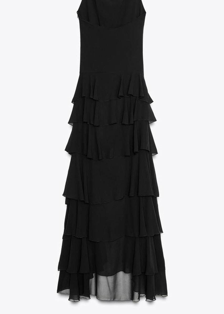 Fashion Black Ruffled Low High Design Chiffon Dresses Sleeveless