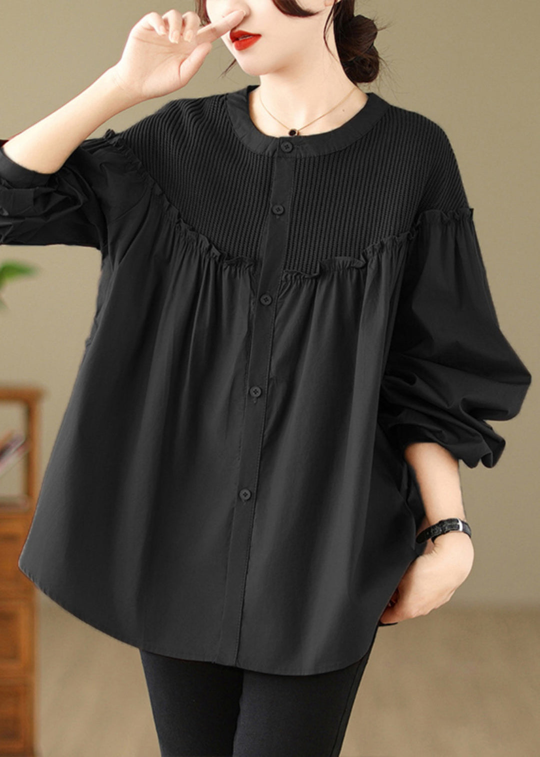 Fashion Black Ruffled Patchwork Button Top Spring