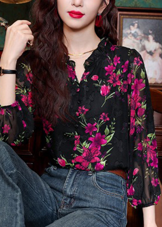 Fashion Black Ruffled Print Button Chiffon Shirt Long Sleeve