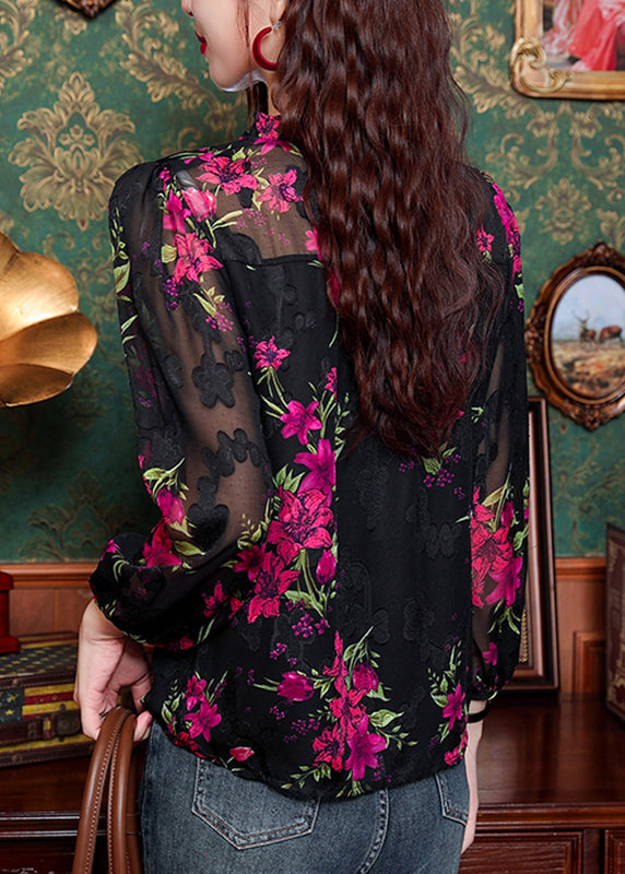 Fashion Black Ruffled Print Button Chiffon Shirt Long Sleeve