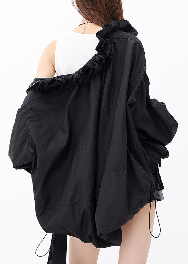 Fashion Black Ruffled Zip Up Drawstring Jacket Fall
