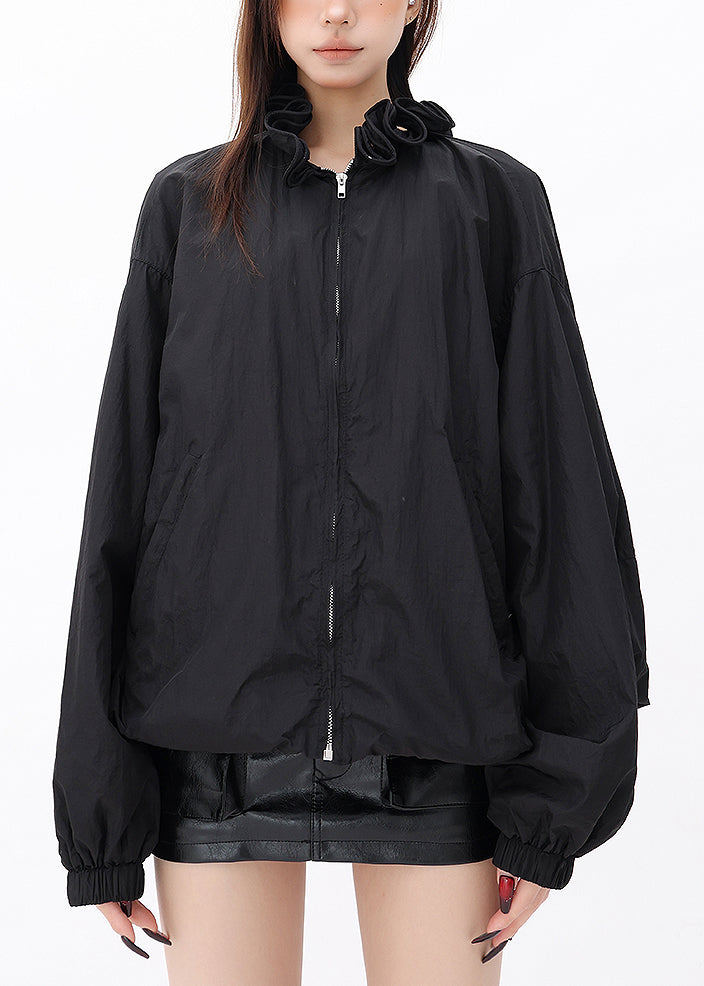 Fashion Black Ruffled Zip Up Drawstring Jacket Fall