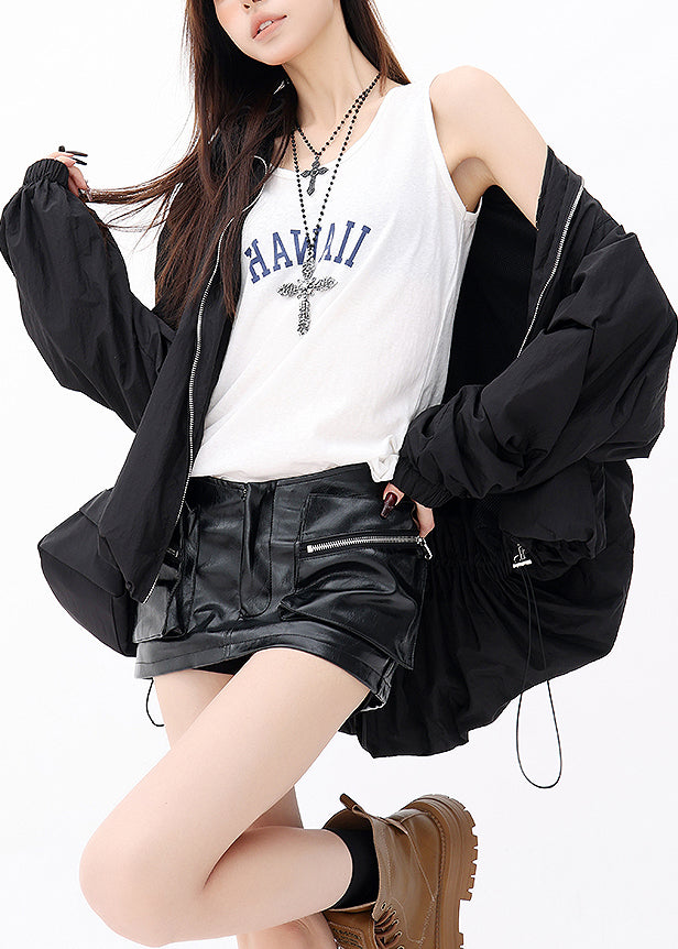 Fashion Black Ruffled Zip Up Drawstring Jacket Fall