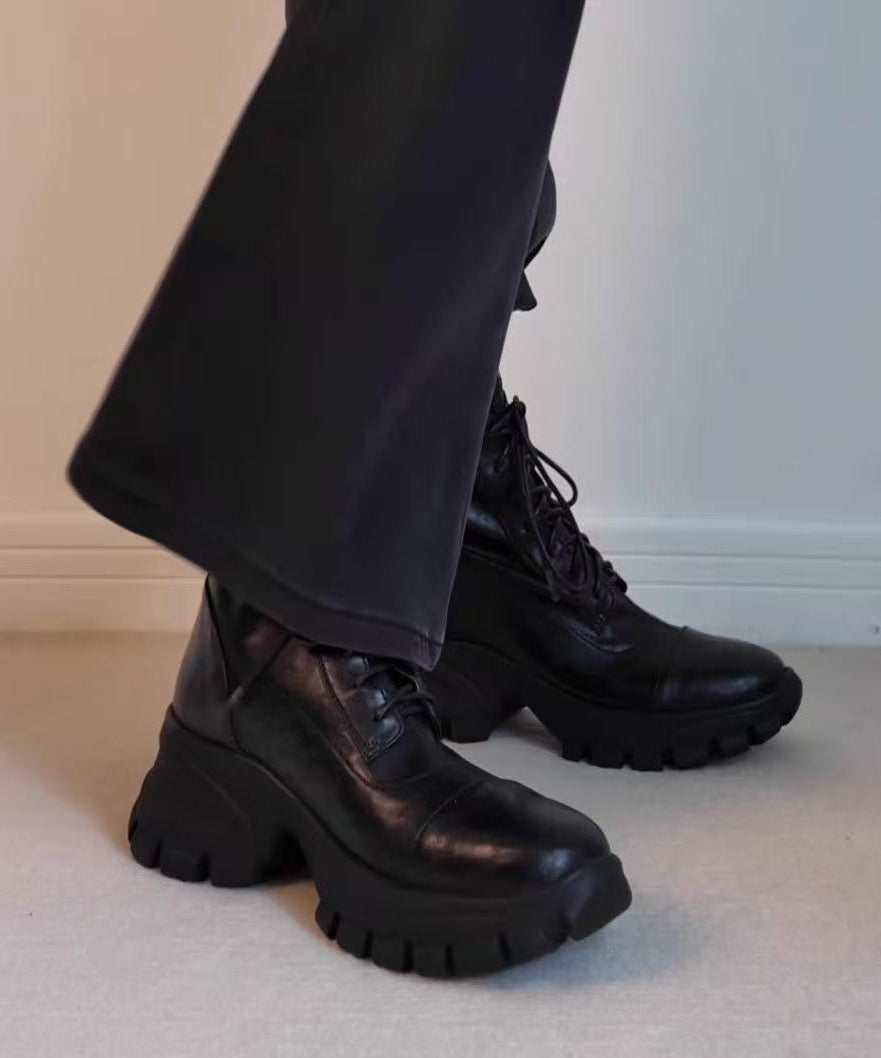 Fashion Black Sheepskin Splicing Lace Up Boots