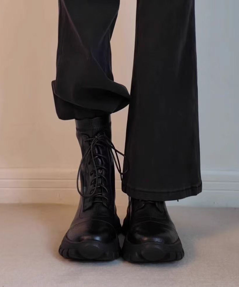 Fashion Black Sheepskin Splicing Lace Up Boots