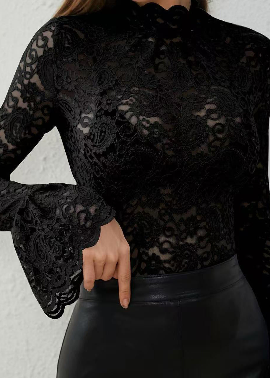 Fashion Black Sheer Lace Top Flare Sleeve
