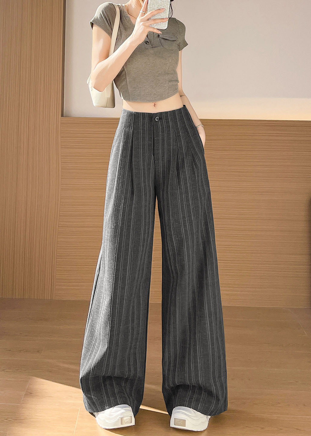Fashion Black Striped High Waist Cotton Straight Pants Fall