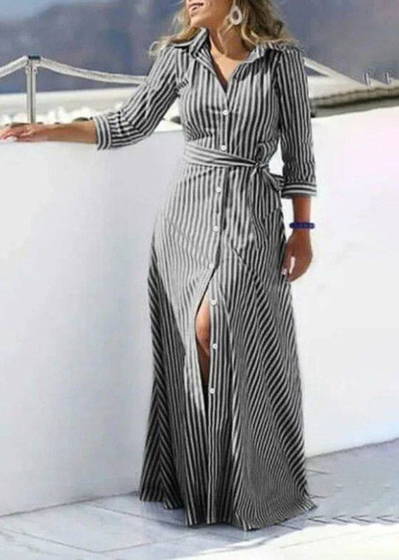 Fashion Black Striped Tie Waist Maxi Shirts Dress Three Quarter Sleeve