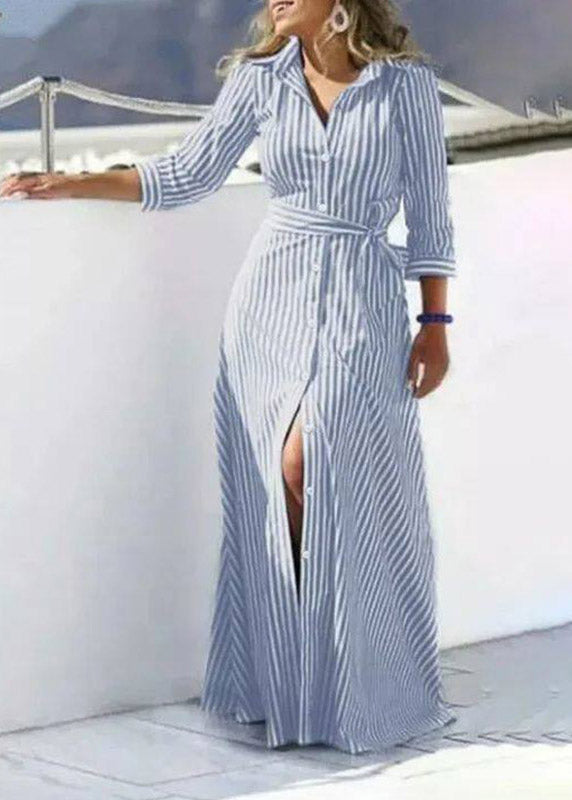 Fashion Black Striped Tie Waist Maxi Shirts Dress Three Quarter Sleeve