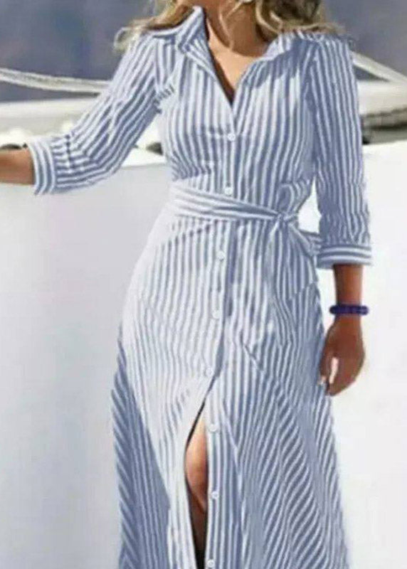 Fashion Black Striped Tie Waist Maxi Shirts Dress Three Quarter Sleeve