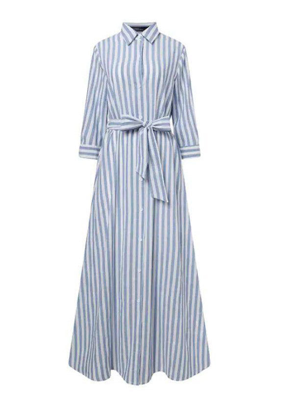 Fashion Black Striped Tie Waist Maxi Shirts Dress Three Quarter Sleeve