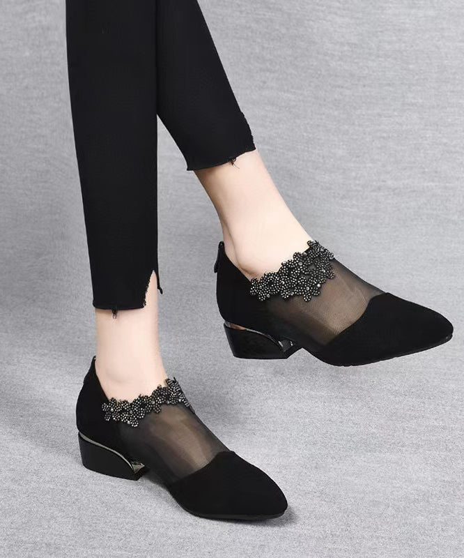 Fashion Black Suede Tulle Splicing Zircon High Heels