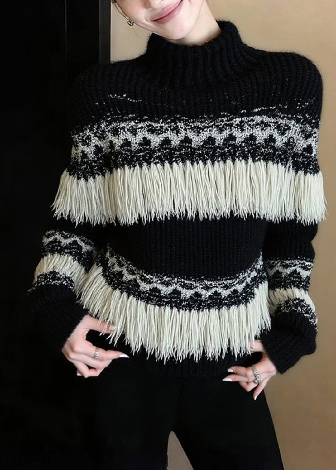 Fashion Black Tasseled Striped Knit Pullover Winter - Omychic