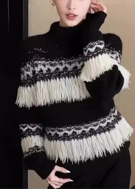 Fashion Black Tasseled Striped Knit Pullover Winter - Omychic