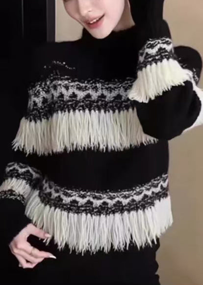 Fashion Black Tasseled Striped Knit Pullover Winter - Omychic