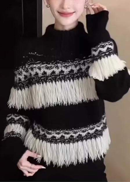 Fashion Black Tasseled Striped Knit Pullover Winter - Omychic