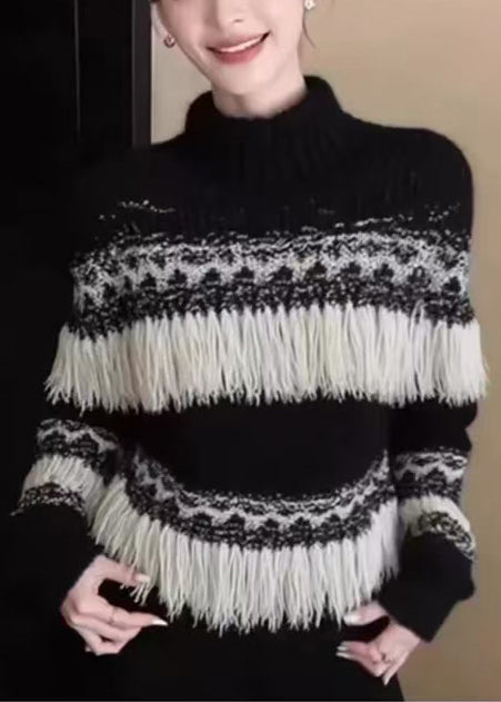 Fashion Black Tasseled Striped Knit Pullover Winter - Omychic