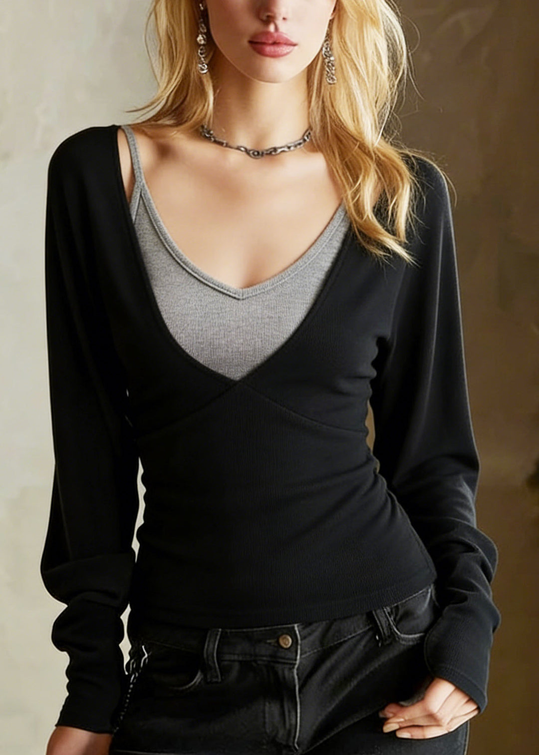 Fashion Black Top And Spaghetti Strap Cotton Two Pieces Set Spring