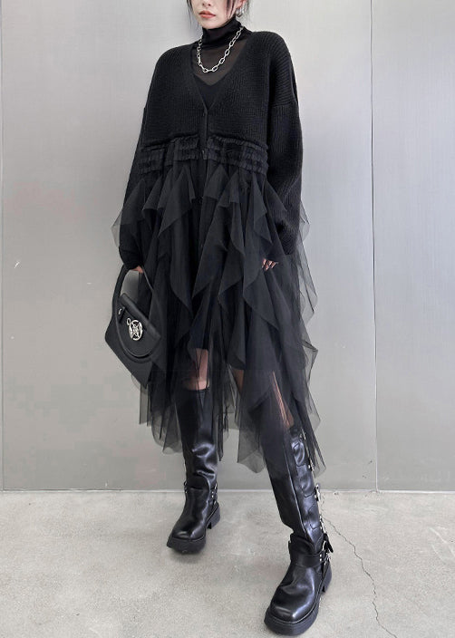 Fashion Black V Neck Button Tulle Patchwork Knit Dress