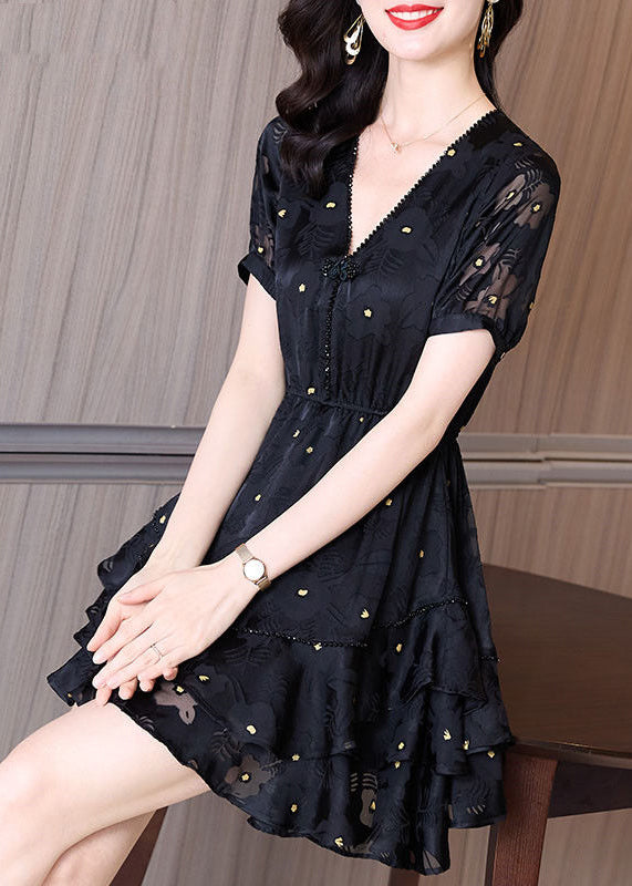 Fashion Black V Neck Cinched Patchwork Tulle Mid Dress Summer