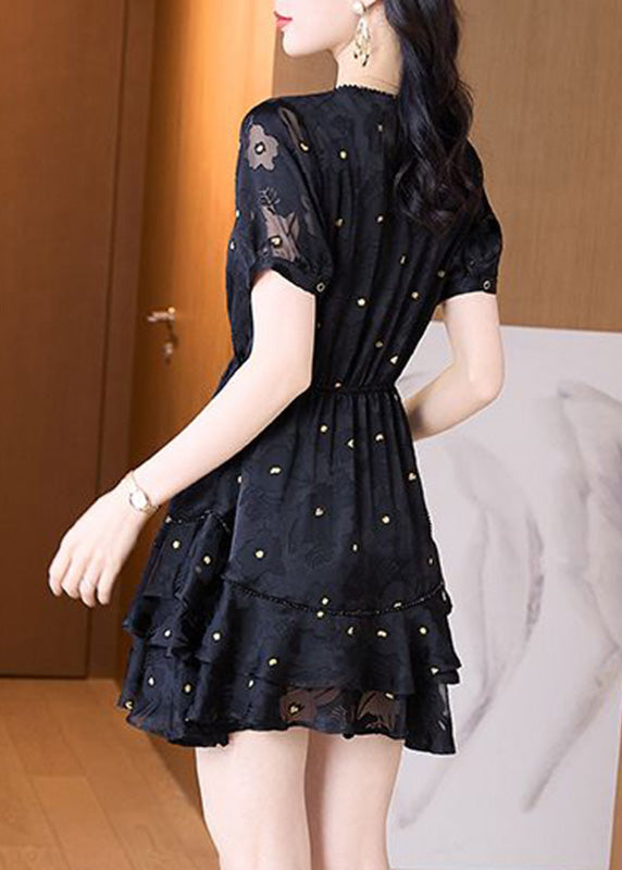Fashion Black V Neck Cinched Patchwork Tulle Mid Dress Summer
