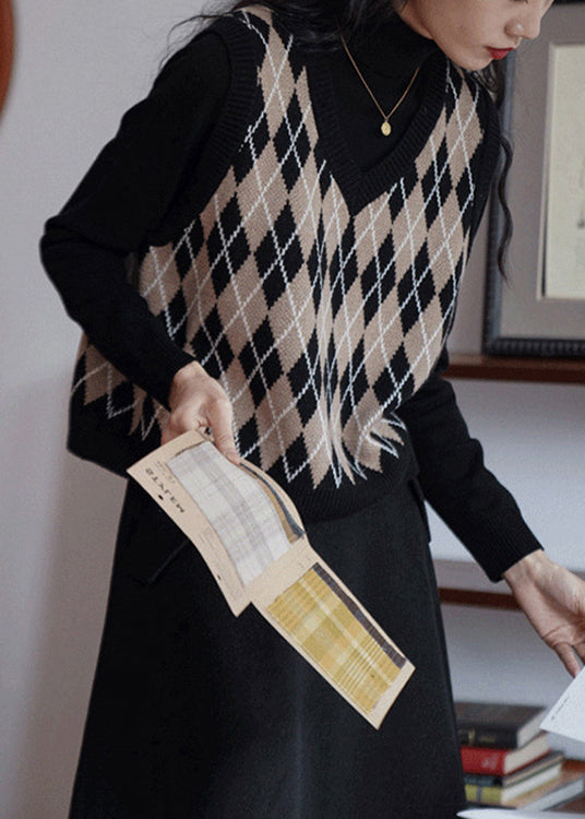 Fashion Black V Neck Geometric Print Knit Vest Sleeveless