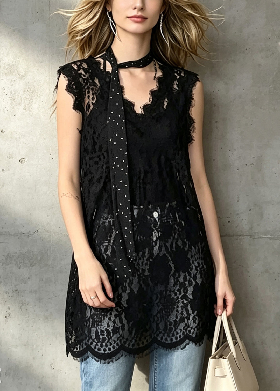 Fashion Black V Neck Hollow Out Lace Long Top Sleeveless