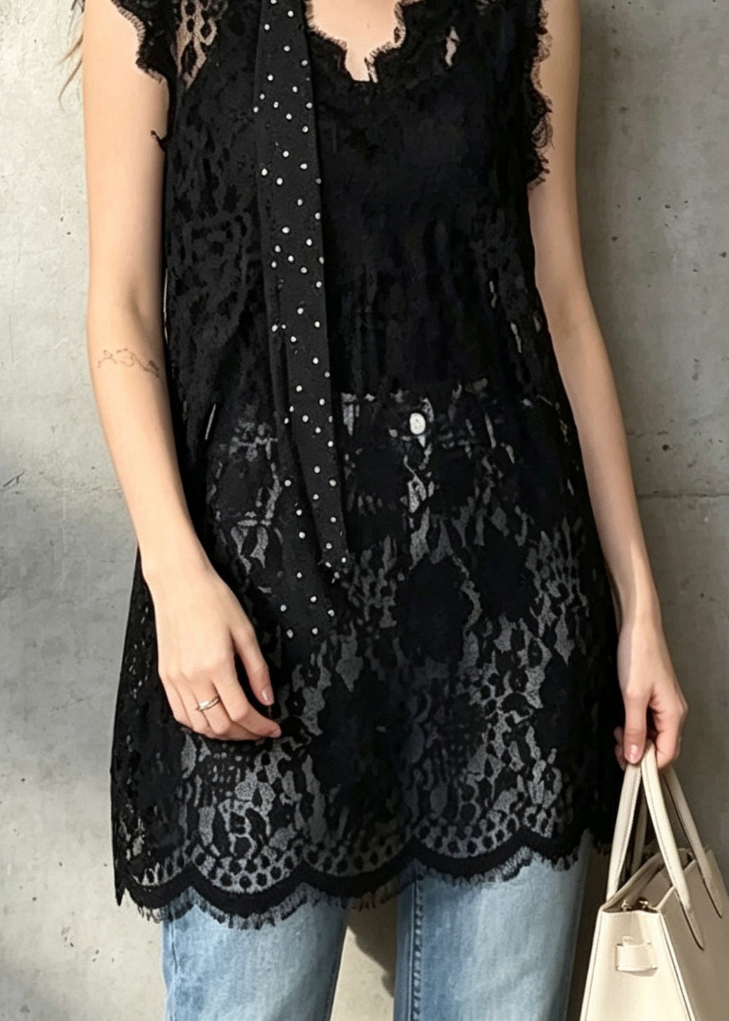 Fashion Black V Neck Hollow Out Lace Long Top Sleeveless