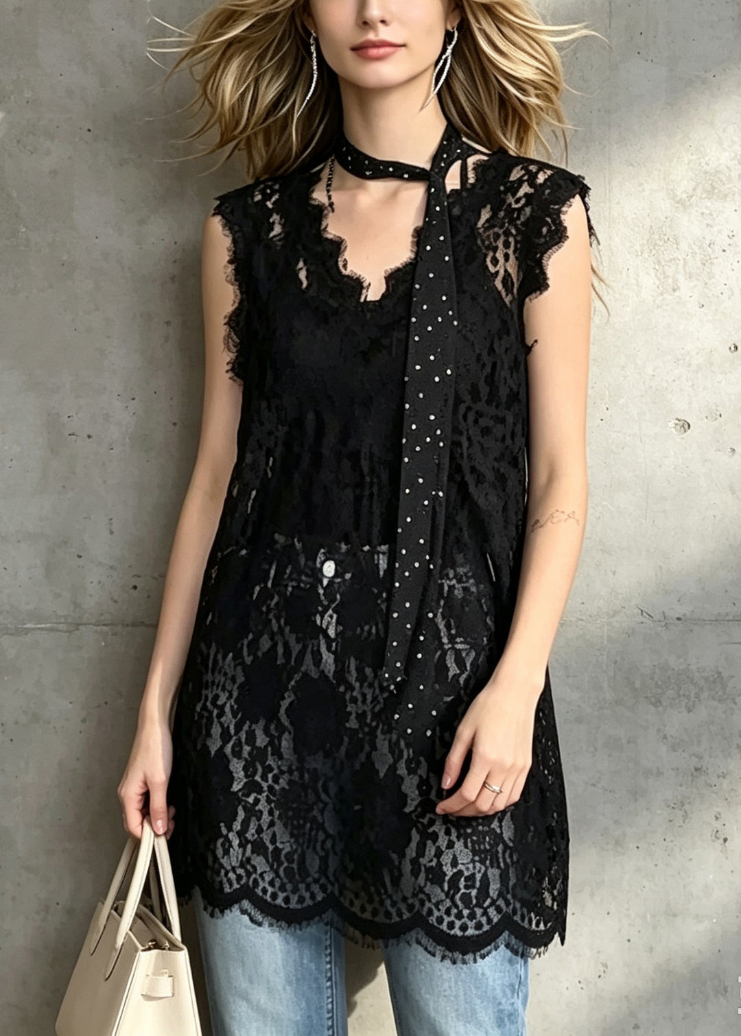 Fashion Black V Neck Hollow Out Lace Long Top Sleeveless