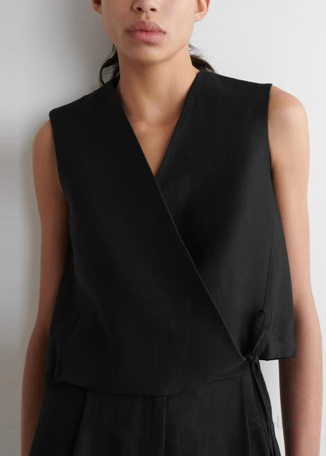 Fashion Black V Neck Lace Up Linen Shirt Tops Summer