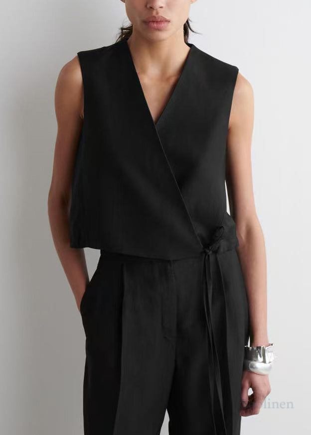 Fashion Black V Neck Lace Up Linen Shirt Tops Summer