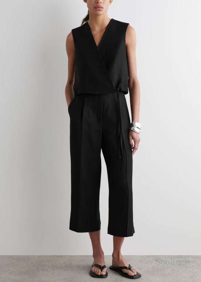 Fashion Black V Neck Lace Up Linen Shirt Tops Summer