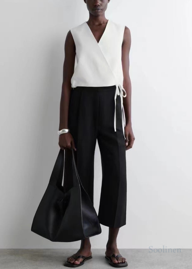Fashion Black V Neck Lace Up Linen Shirt Tops Summer