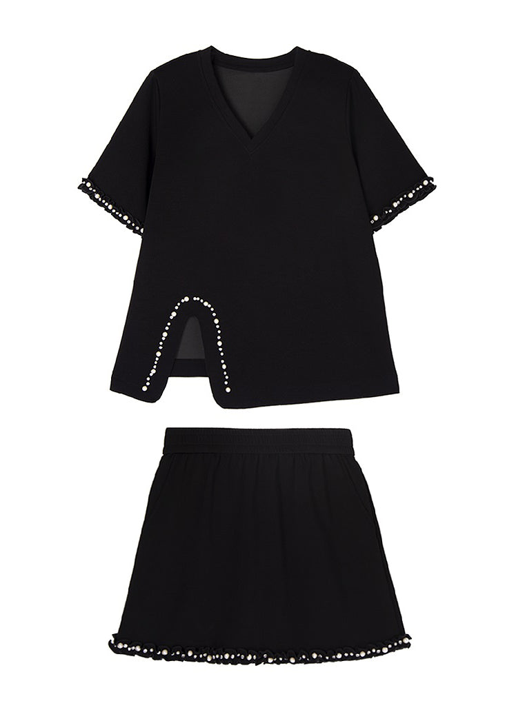 Fashion Black V Neck Nail Bead Cotton Two Pieces Set Summer