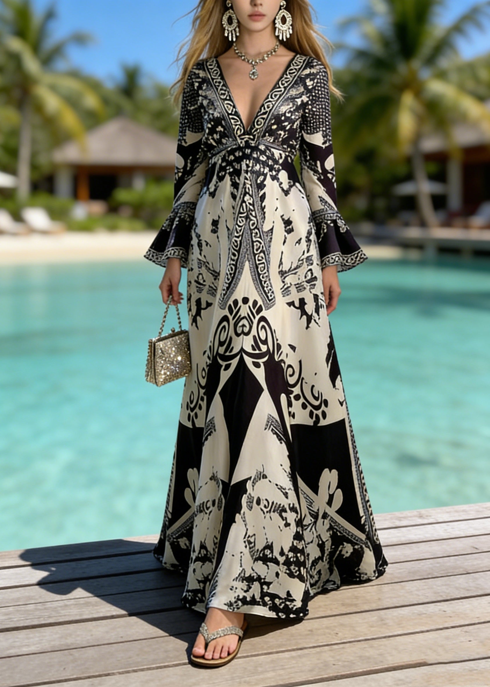 Fashion Black V Neck Print Holiday Dress Flare Sleeve - Omychic