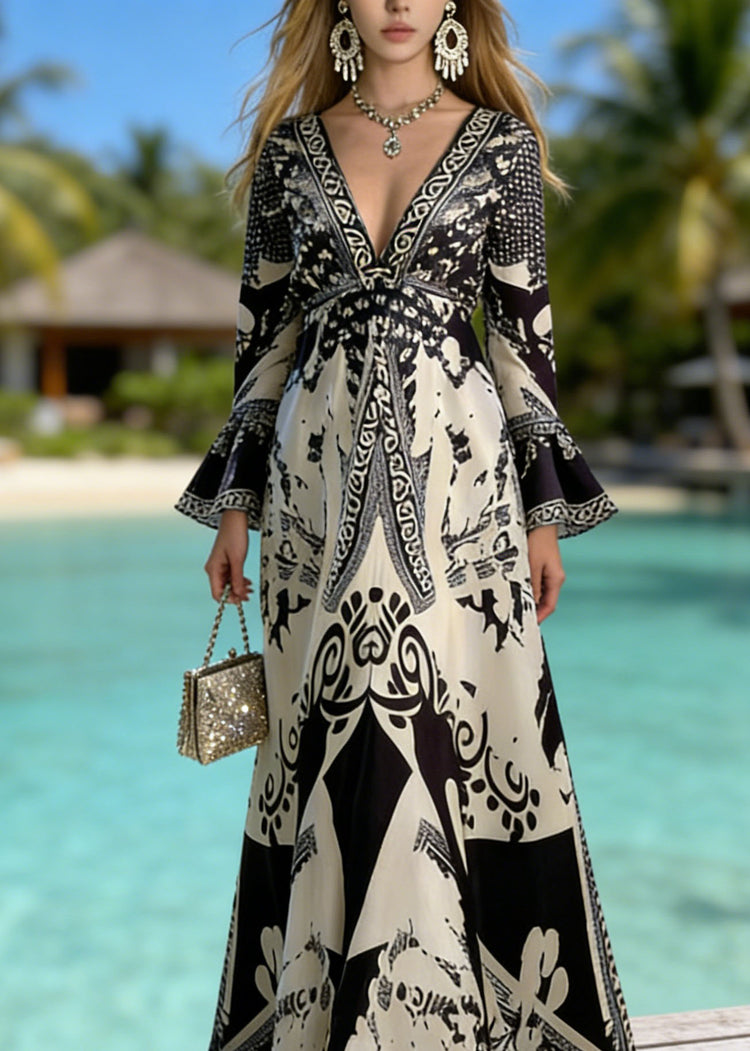 Fashion Black V Neck Print Holiday Dress Flare Sleeve - Omychic