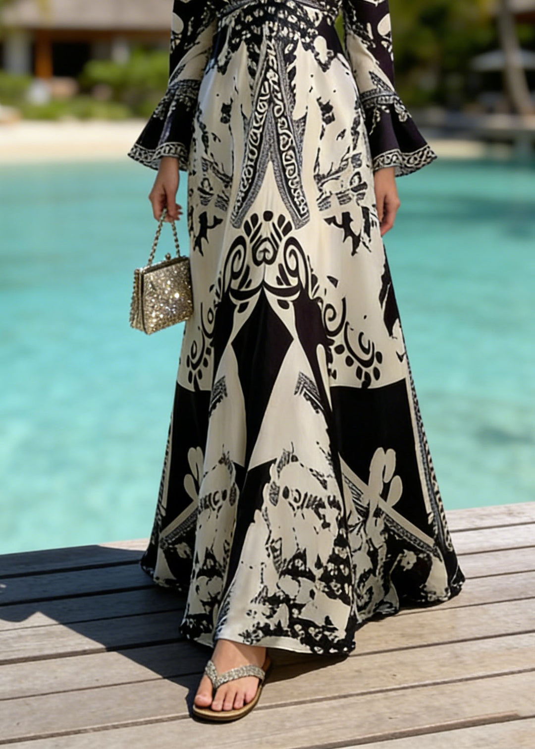 Fashion Black V Neck Print Holiday Dress Flare Sleeve - Omychic